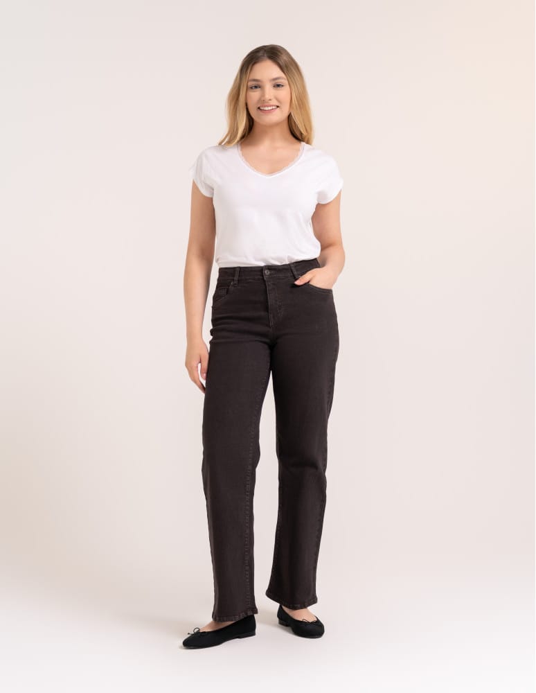 Jeansy - Jeansy damskie Wide Leg wygodne z wysokim stanem i z szeroką nogawką BRĄZOWY - produkt moraj.pl 6