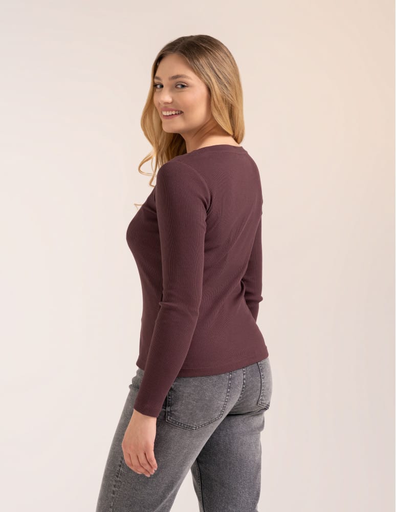 Bluzki z długim rękawem - Bluzka damska bawełniana w prążek longsleeve BRĄZ  - produkt moraj.pl 5