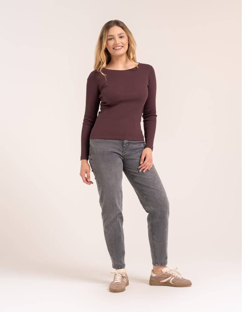 Bluzki z długim rękawem - Bluzka damska bawełniana w prążek longsleeve BRĄZ - produkt moraj.pl 1