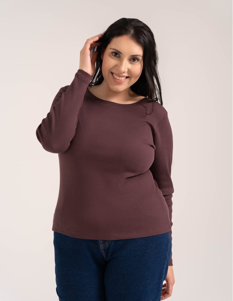 Bluzki z długim rękawem - Bluzka damska bawełniana w prążek longsleeve BRĄZ  - produkt moraj.pl 9