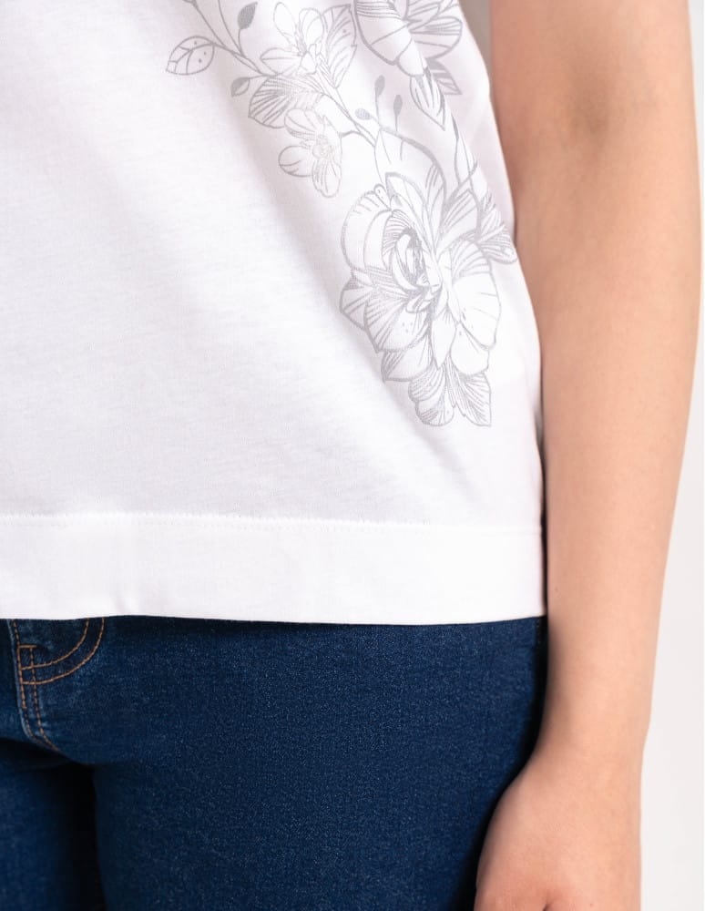 Bluzki z kr&oacute;tkim rękawem - Bluzka damska kimono bawełniana kr&oacute;j boxy z opadającym rękawem delikatny nadruk kwiatowy luźny t-shirt damski BIAŁY  - produkt moraj.pl 11