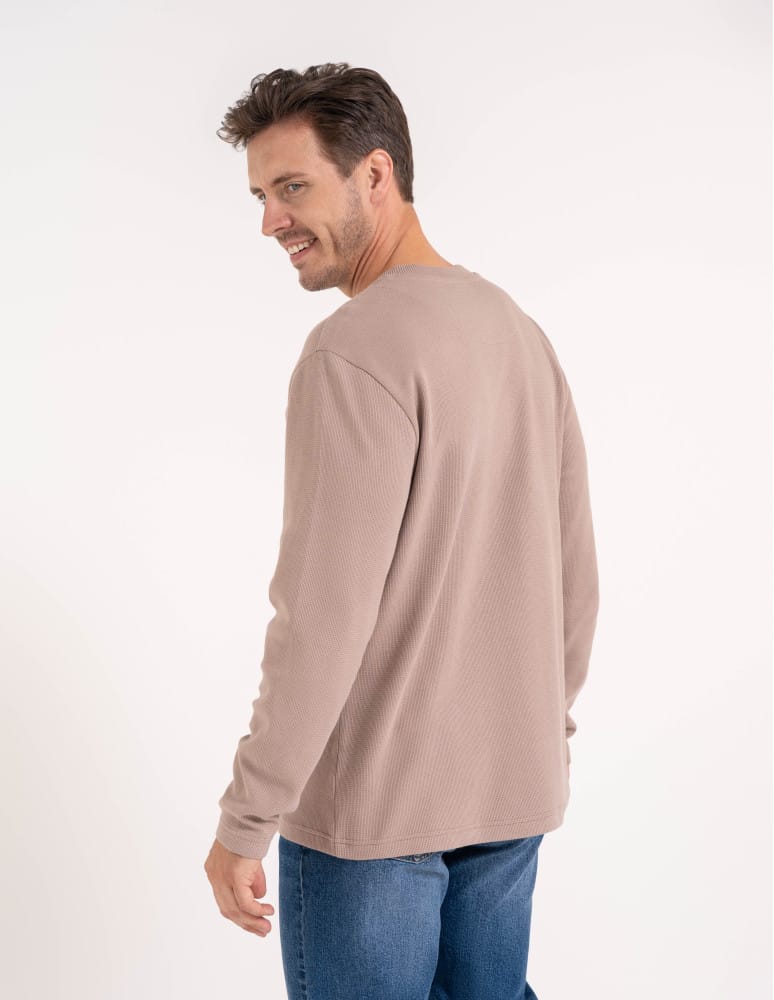 Koszulki z długim rękawem - Męski longsleeve bawełniany 100% z długim rękawem o waflowej strukturze BEŻOWY - produkt moraj.pl 5
