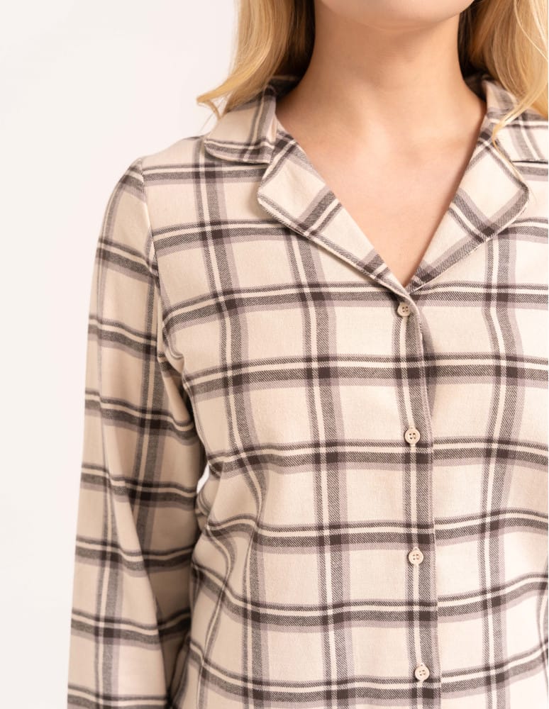 Piżamy z długim rękawem - Piżama flanelowa damska 100% bawełniana rozpinana w elegancką kratę BEŻOWY - produkt moraj.pl 5