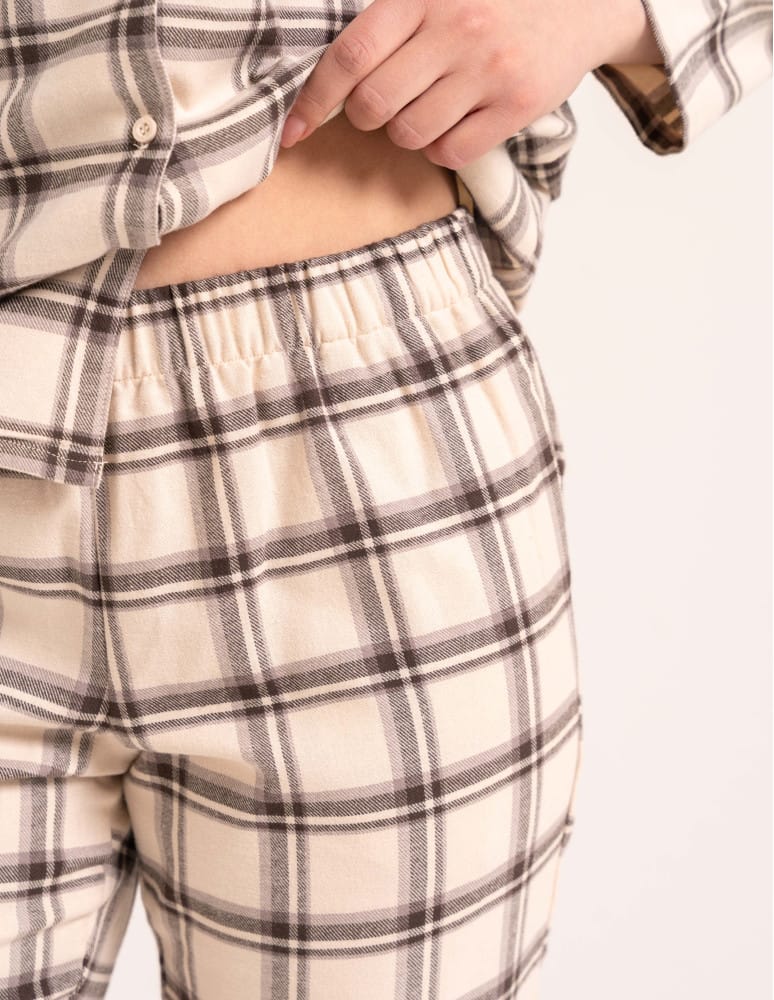 Piżamy z długim rękawem - Piżama flanelowa damska 100% bawełniana rozpinana w elegancką kratę BEŻOWY - produkt moraj.pl 6