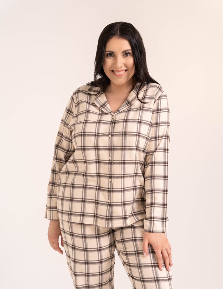 Piżamy z długim rękawem - Piżama flanelowa damska 100% bawełniana rozpinana w elegancką kratę BEŻOWY - produkt moraj.pl 9