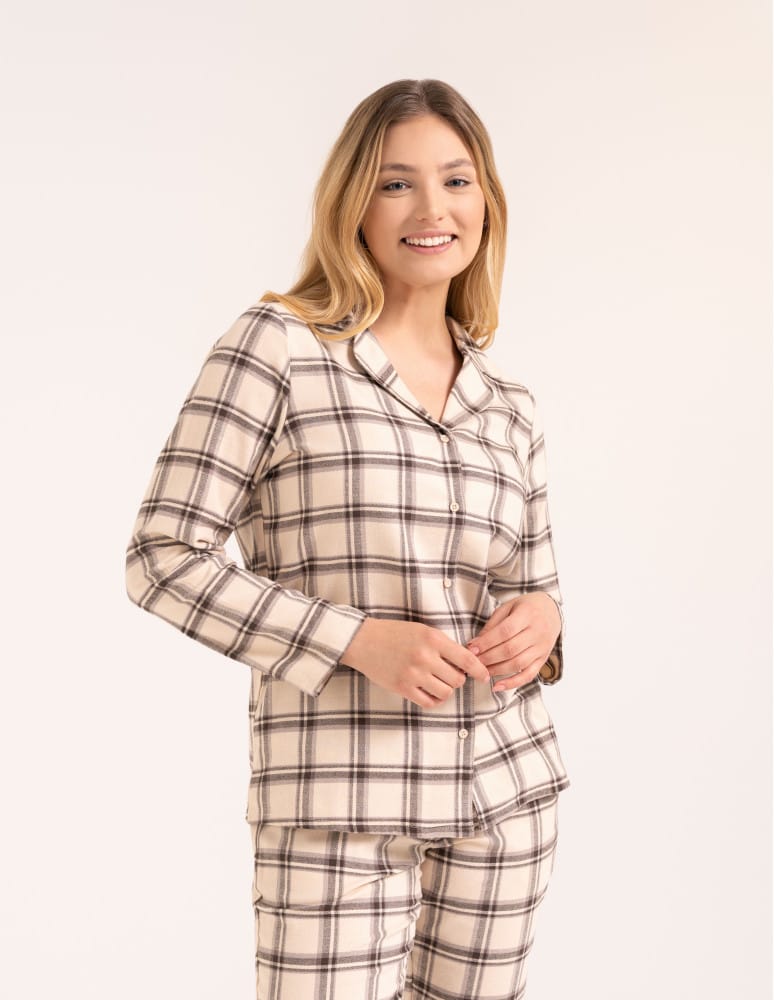 Piżamy z długim rękawem - Piżama flanelowa damska 100% bawełniana rozpinana w elegancką kratę BEŻOWY - produkt moraj.pl 4