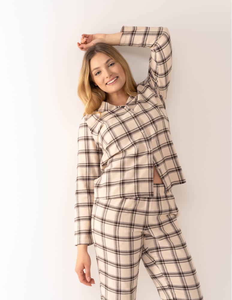 Piżamy z długim rękawem - Piżama flanelowa damska 100% bawełniana rozpinana w elegancką kratę BEŻOWY - produkt moraj.pl 2