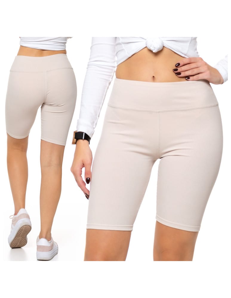 Legginsy damskie - Legginsy kolarki damskie w prążek wysoki stan BEŻOWY  - produkt moraj.pl 5