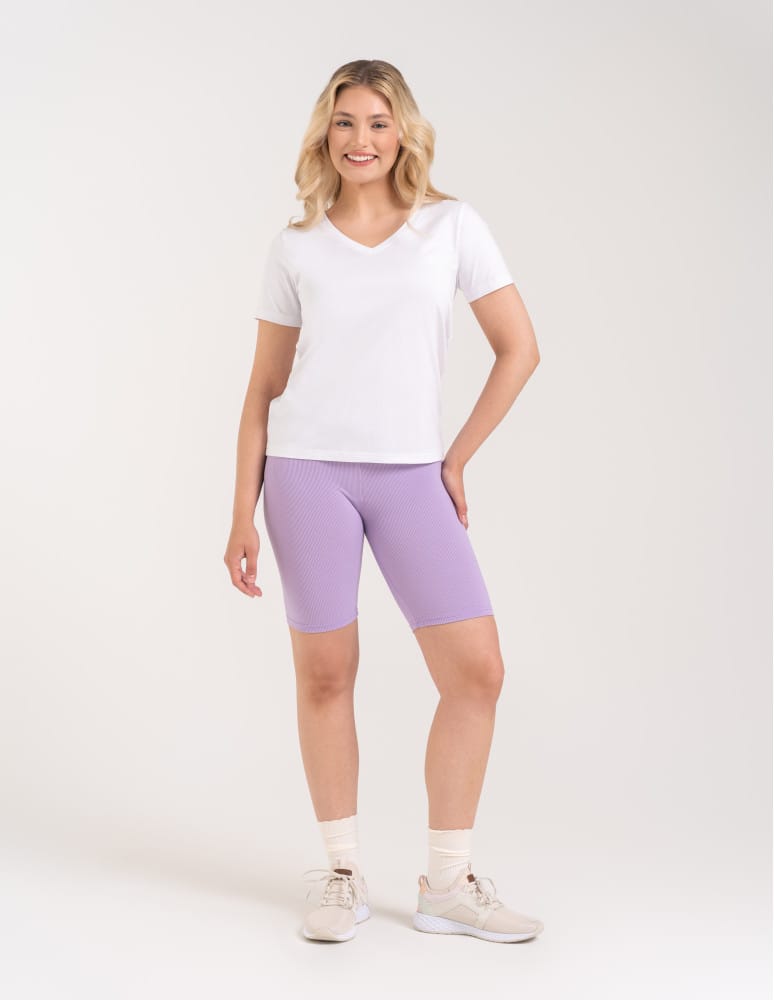 Legginsy damskie - Legginsy kolarki damskie w prążek wysoki stan FIOLETOWY  - produkt moraj.pl 9