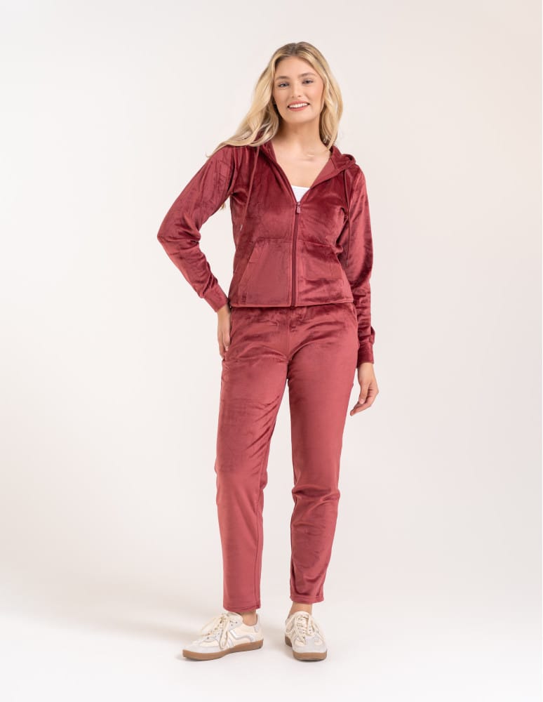 Bluzy dresowe - Bluza damska welurowa rozpinana z kapturem i kieszeniami BORDOWY  - produkt moraj.pl 4