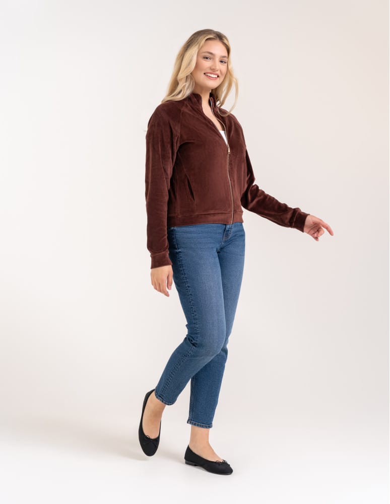 Bluzy damskie - Bluza damska welurowa na zamek z bawełny BRĄZOWY  - produkt moraj.pl 3