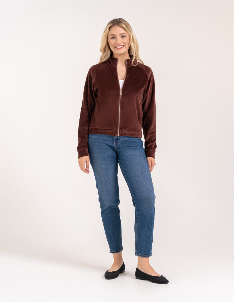 Bluzy damskie - Bluza damska welurowa na zamek z bawełny BRĄZOWY  - produkt moraj.pl 4