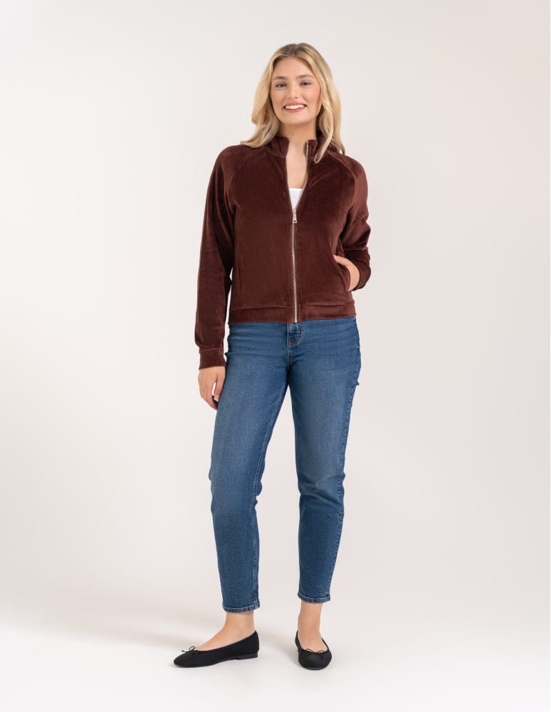 Bluzy damskie - Bluza damska welurowa na zamek z bawełny BRĄZOWY  - produkt moraj.pl 8