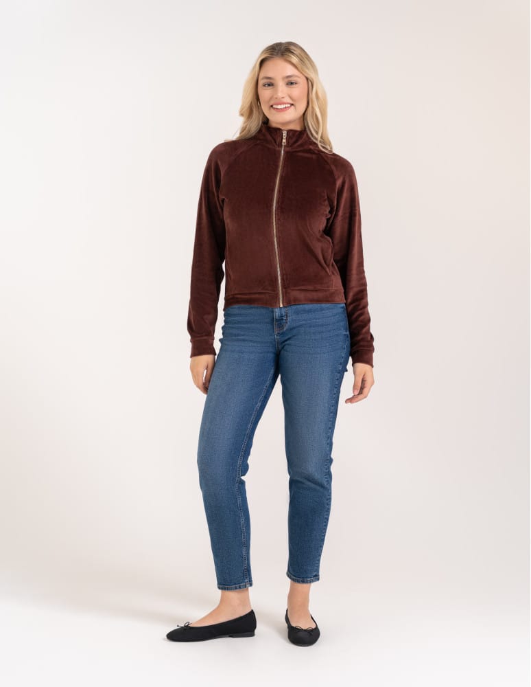 Bluzy damskie - Bluza damska welurowa na zamek z bawełny BRĄZOWY  - produkt moraj.pl 9