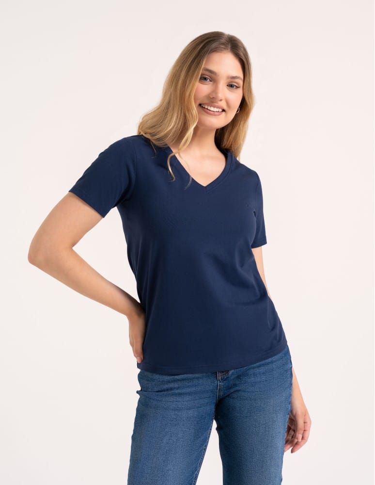 Koszulki i T-shirty - Koszulka damska bawełna Premium T-shirt dekolt w serek GRANATOWY - produkt moraj.pl 2