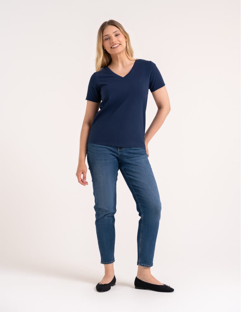 Koszulki i T-shirty - Koszulka damska bawełna Premium T-shirt dekolt w serek GRANATOWY - produkt moraj.pl 3