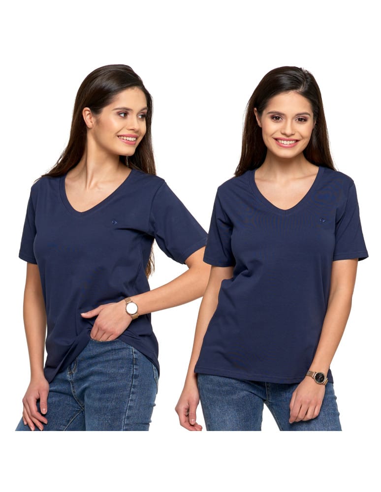 Koszulki i T-shirty - Koszulka damska bawełna Premium T-shirt dekolt w serek GRANATOWY - produkt moraj.pl 4