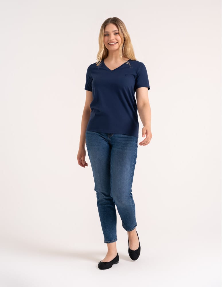 Koszulki i T-shirty - Koszulka damska bawełna Premium T-shirt dekolt w serek GRANATOWY - produkt moraj.pl 5