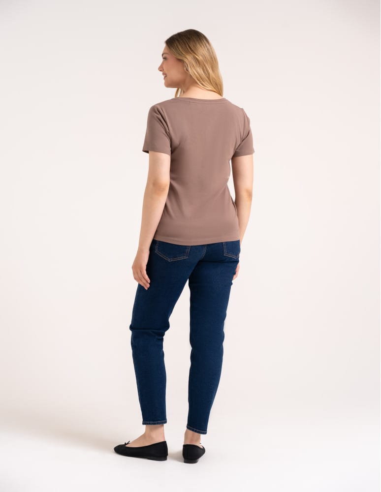 Koszulki i T-shirty - Koszulka damska bawełna Premium T-shirt dekolt w serek BEŻOWY  - produkt moraj.pl 7