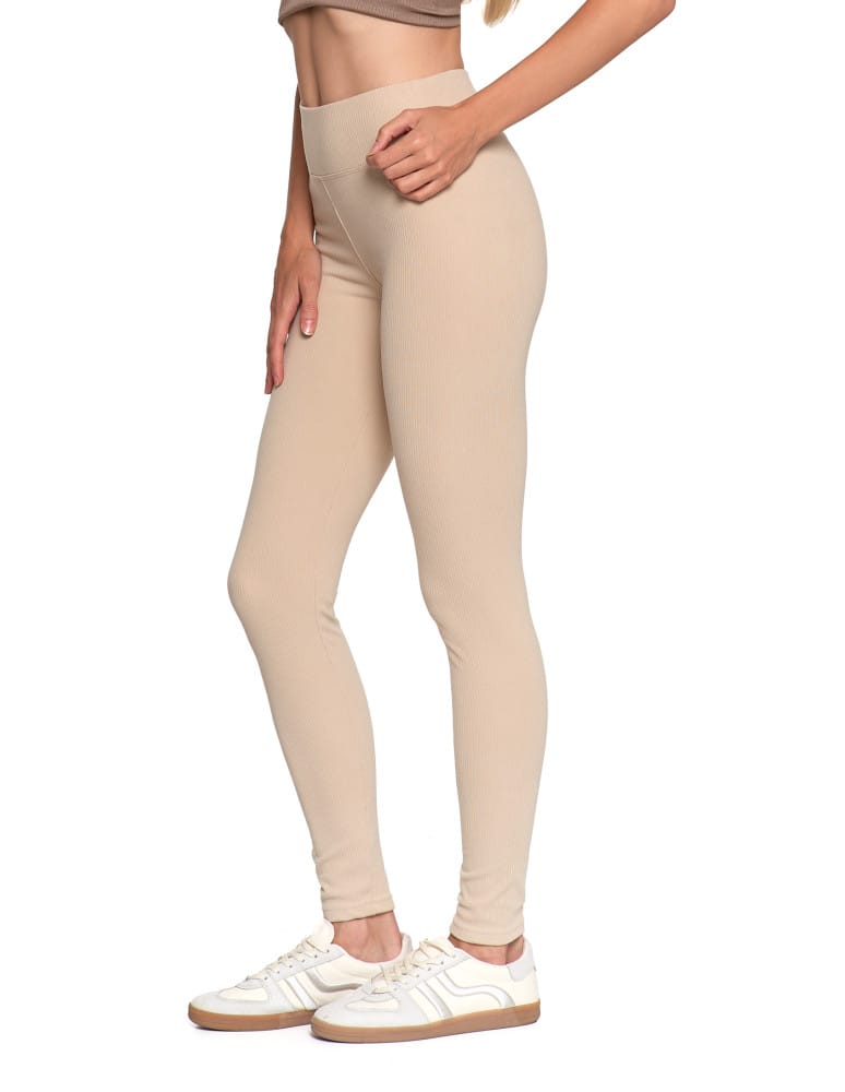 Legginsy damskie - Wygodne legginsy damskie prążkowane z wysokim stanem bezuciskowe BEŻOWY  - produkt moraj.pl 2