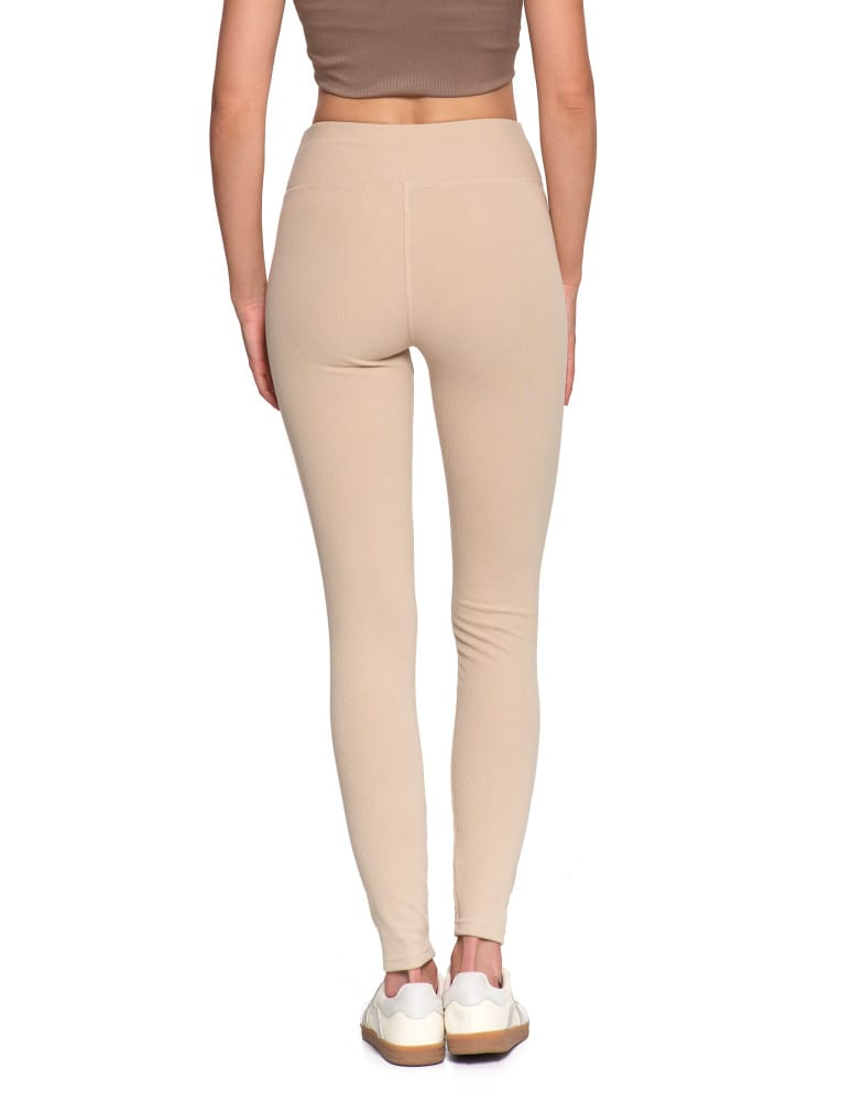 Legginsy damskie - Wygodne legginsy damskie prążkowane z wysokim stanem bezuciskowe BEŻOWY  - produkt moraj.pl 3