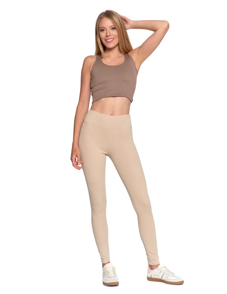 Legginsy damskie - Wygodne legginsy damskie prążkowane z wysokim stanem bezuciskowe BEŻOWY  - produkt moraj.pl 9