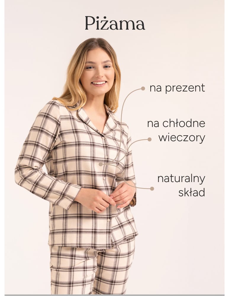 Piżamy z długim rękawem - Piżama flanelowa damska 100% bawełniana rozpinana w elegancką kratę BEŻOWY - produkt moraj.pl 3