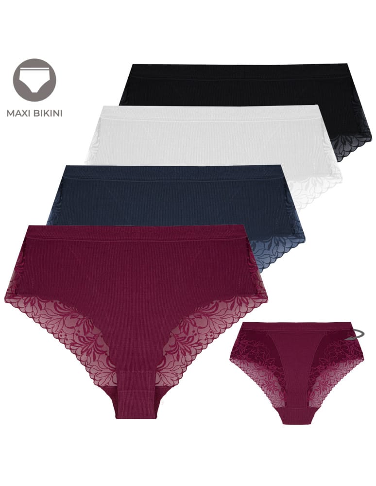 Majtki z wysokim stanem - Majtki damskie wiskozowe maxi bikini prążkowane z koronką zestaw 4-pak WIELOKOLOROWY - produkt moraj.pl 1