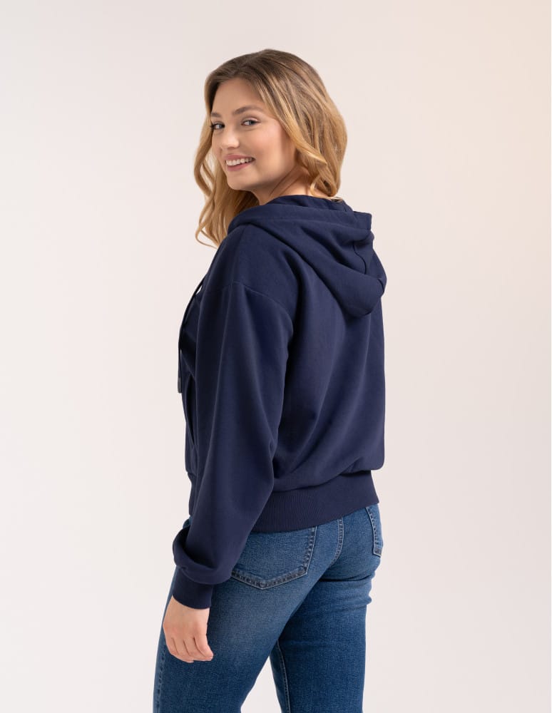 Bluzy dresowe - Bluza damska bawełniana z kapturem rozpinana wygodna o kroju boxy GRANATOWY  - produkt moraj.pl 4