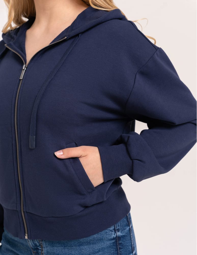 Bluzy dresowe - Bluza damska bawełniana z kapturem rozpinana wygodna o kroju boxy GRANATOWY  - produkt moraj.pl 17