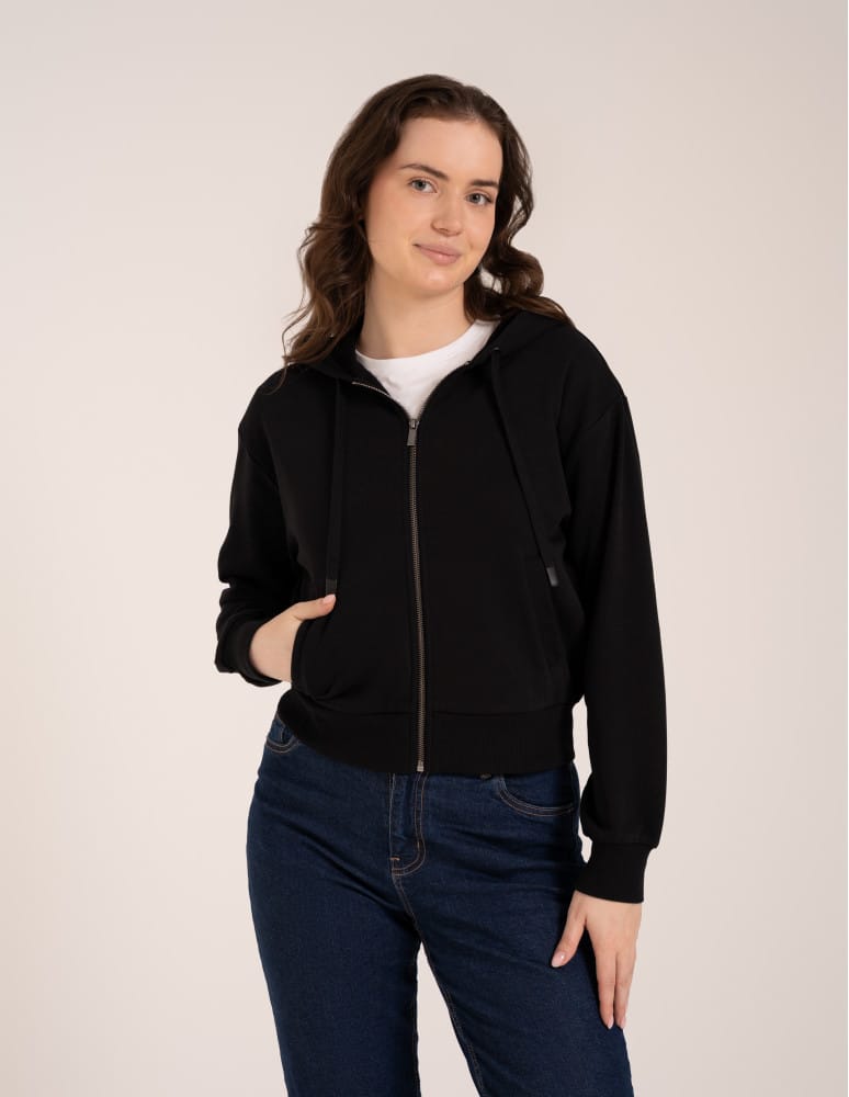 Bluzy dresowe - Bluza damska bawełniana z kapturem rozpinana wygodna o kroju boxy CZARNY - produkt moraj.pl 1