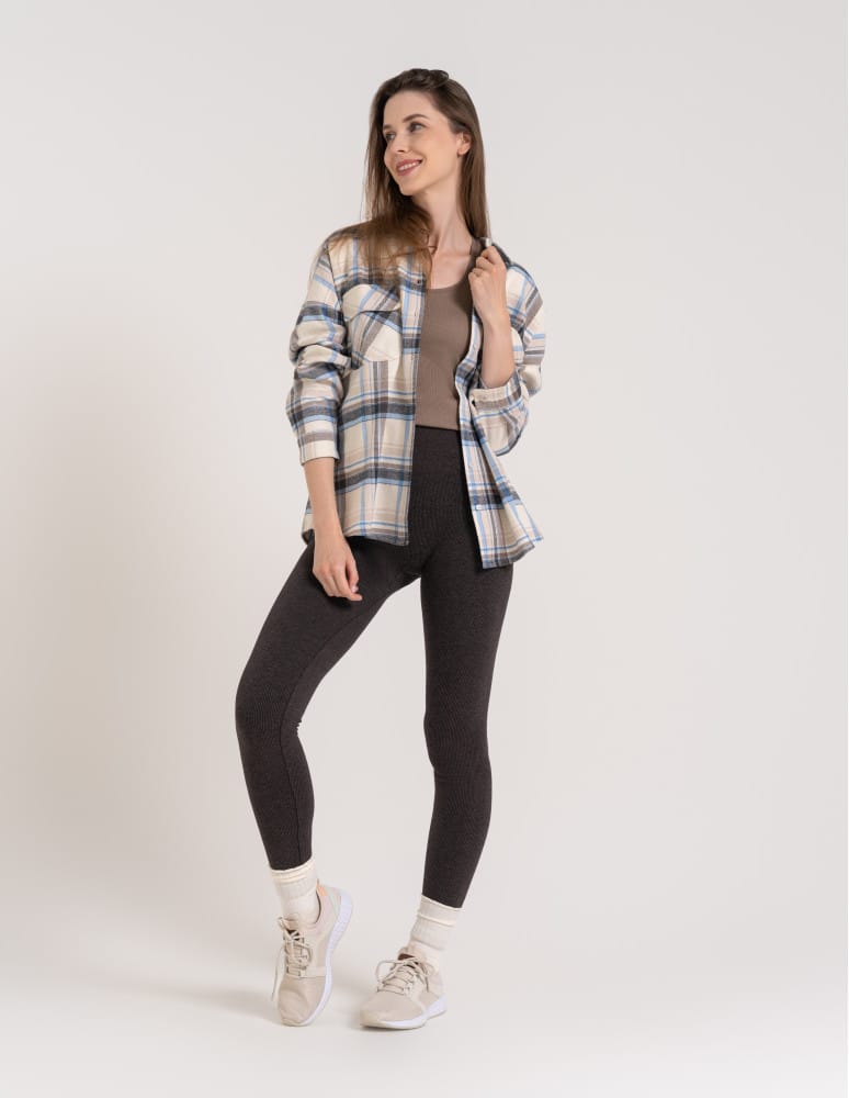 Legginsy ocieplane - Damskie legginsy modelujące z wysokim stanem i wiskozą w prążek BRĄZOWY  - produkt moraj.pl 3