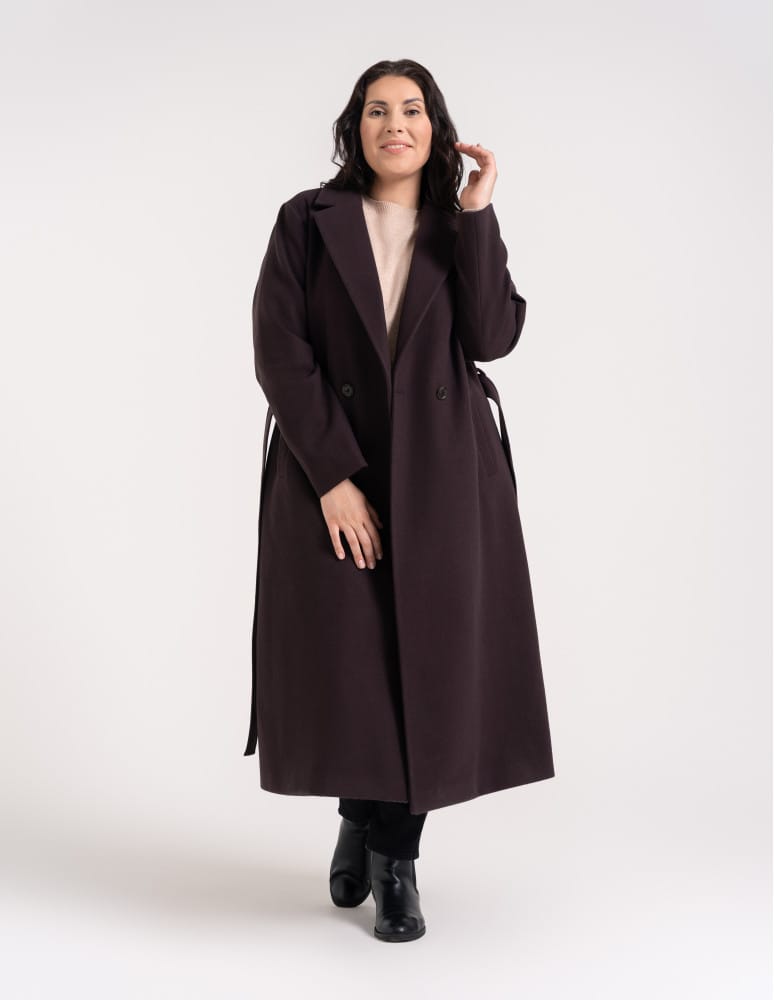 Kurtki zimowe - Płaszcz damski elegancki z rozcięciem z tyłu taliowany casual BRĄZOWY - produkt moraj.pl 1