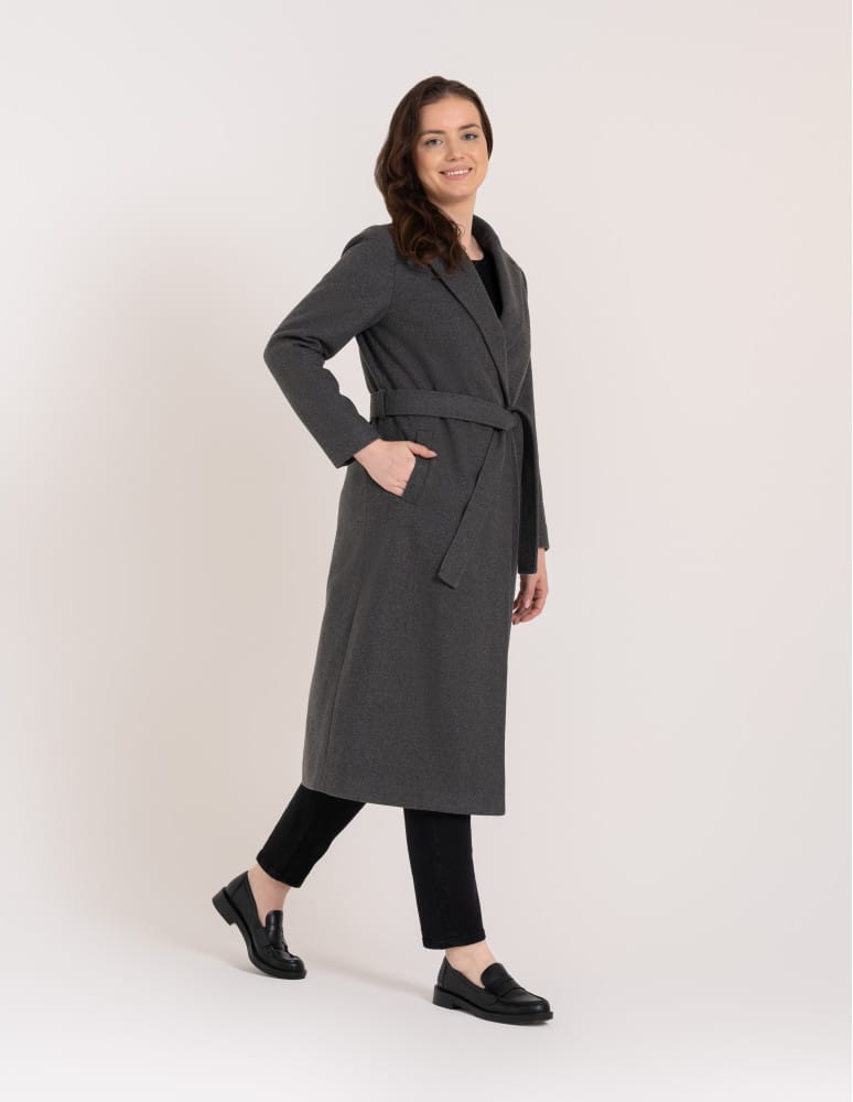 Kurtki zimowe - Płaszcz damski elegancki z rozcięciem z tyłu taliowany casual SZARY - produkt moraj.pl 5