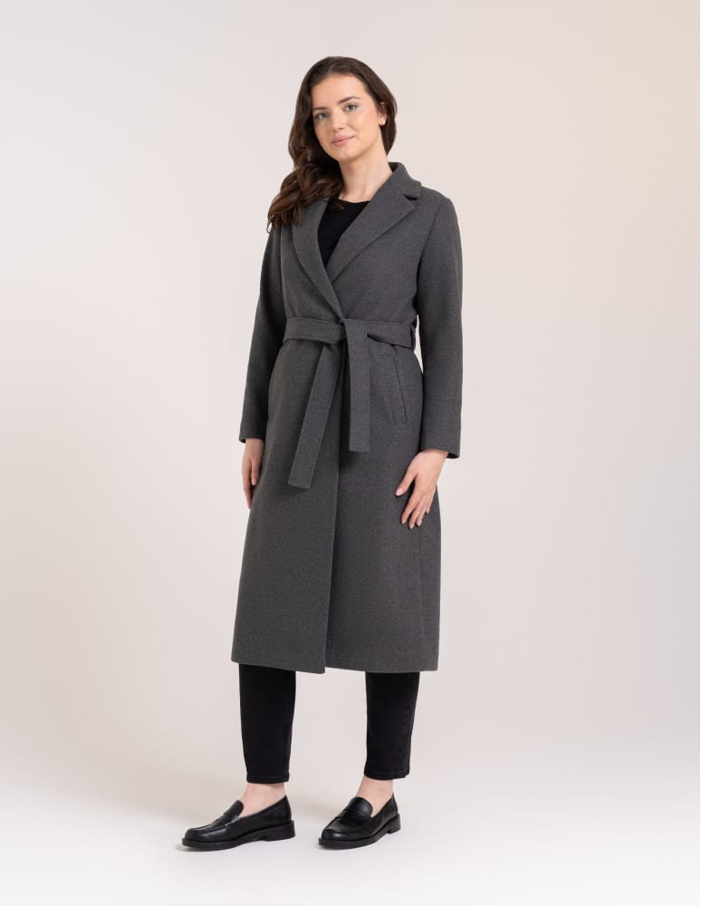 Kurtki zimowe - Płaszcz damski elegancki z rozcięciem z tyłu taliowany casual SZARY - produkt moraj.pl 1