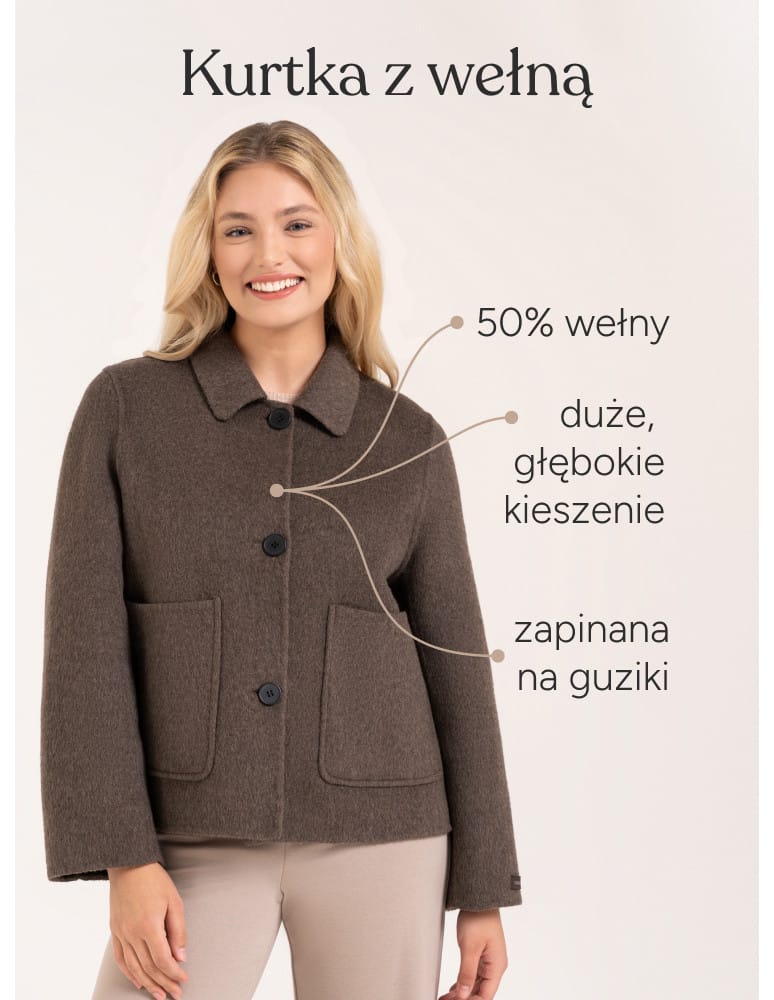 Kurtki przejściowe - Kurtka damska zawierająca wełnę elegancka o kr&oacute;tkim fasonie CIEMNY BEŻOWY  - produkt moraj.pl 3
