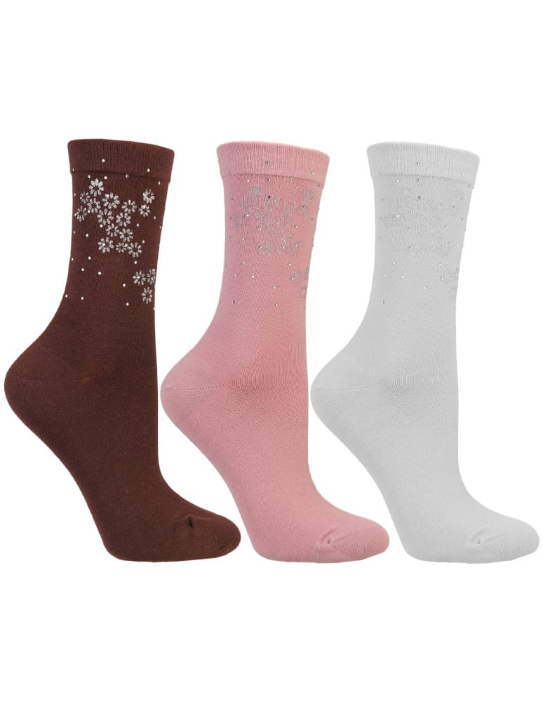 Skarpetki długie - Zestaw bawełnianych skarpet damskich gładkich z eleganckim cyrkoniowym wzorem 3-pak WIELOKOLOROWY - produkt moraj.pl 1