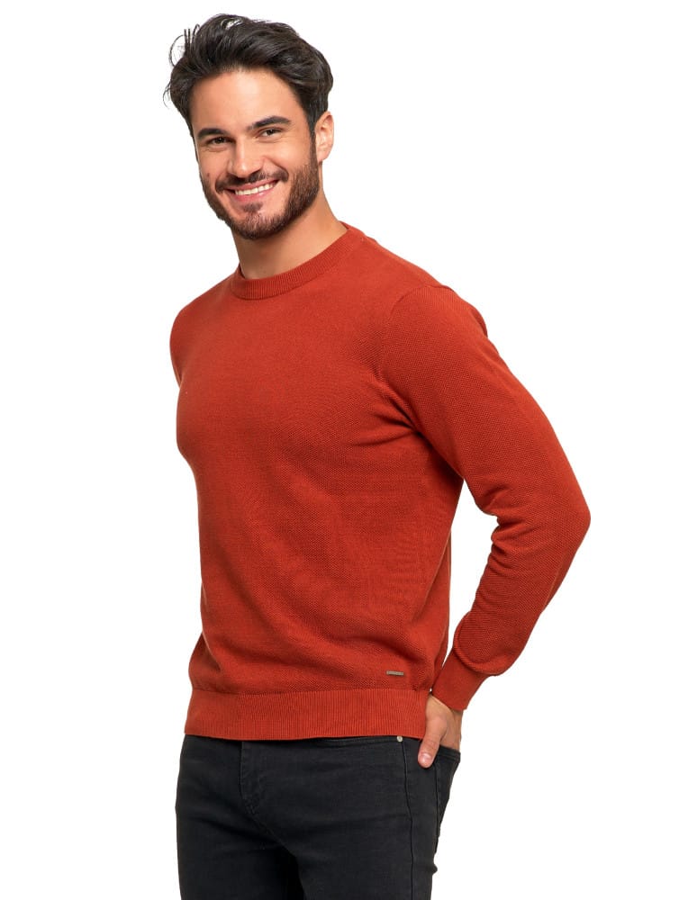 Swetry męskie - Bawełniany sweter męski elegancki z okrągłym dekoltem POMARAŃCZOWY  - produkt moraj.pl 4