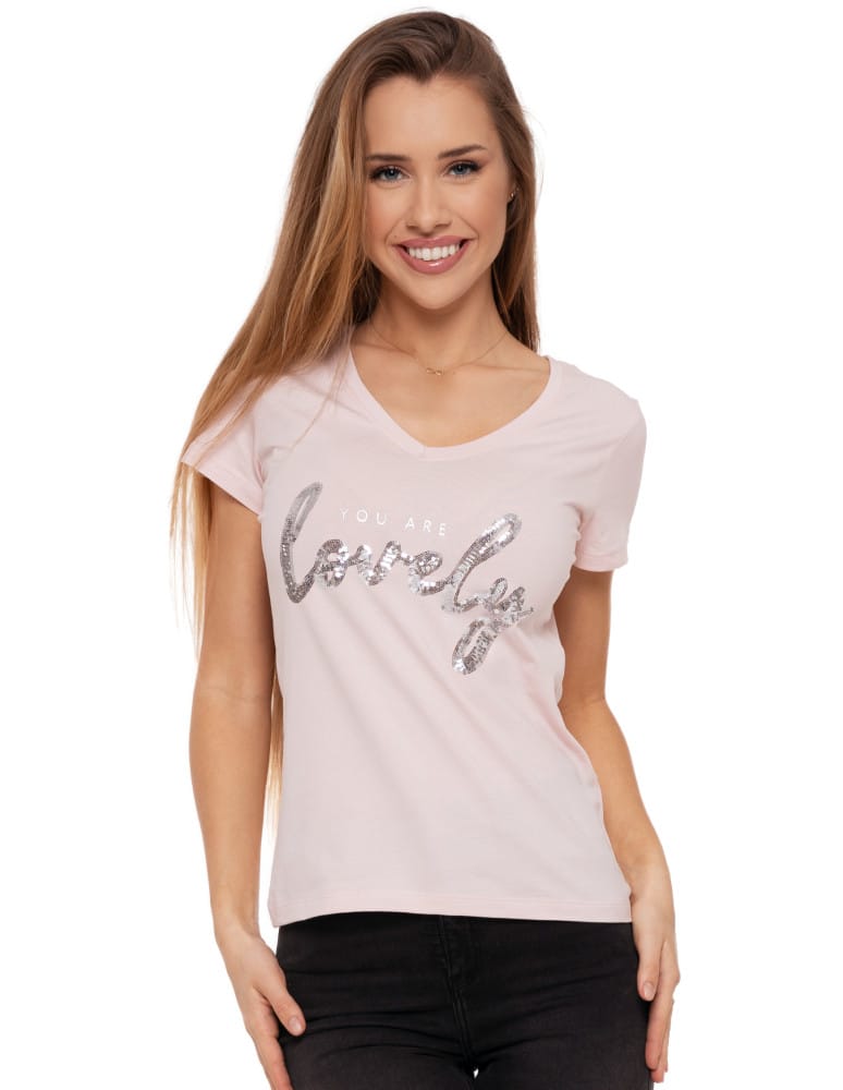 Koszulki i T-shirty - T-shirt damski z dekoltem w serek i cekinami RÓŻOWY - produkt moraj.pl 1