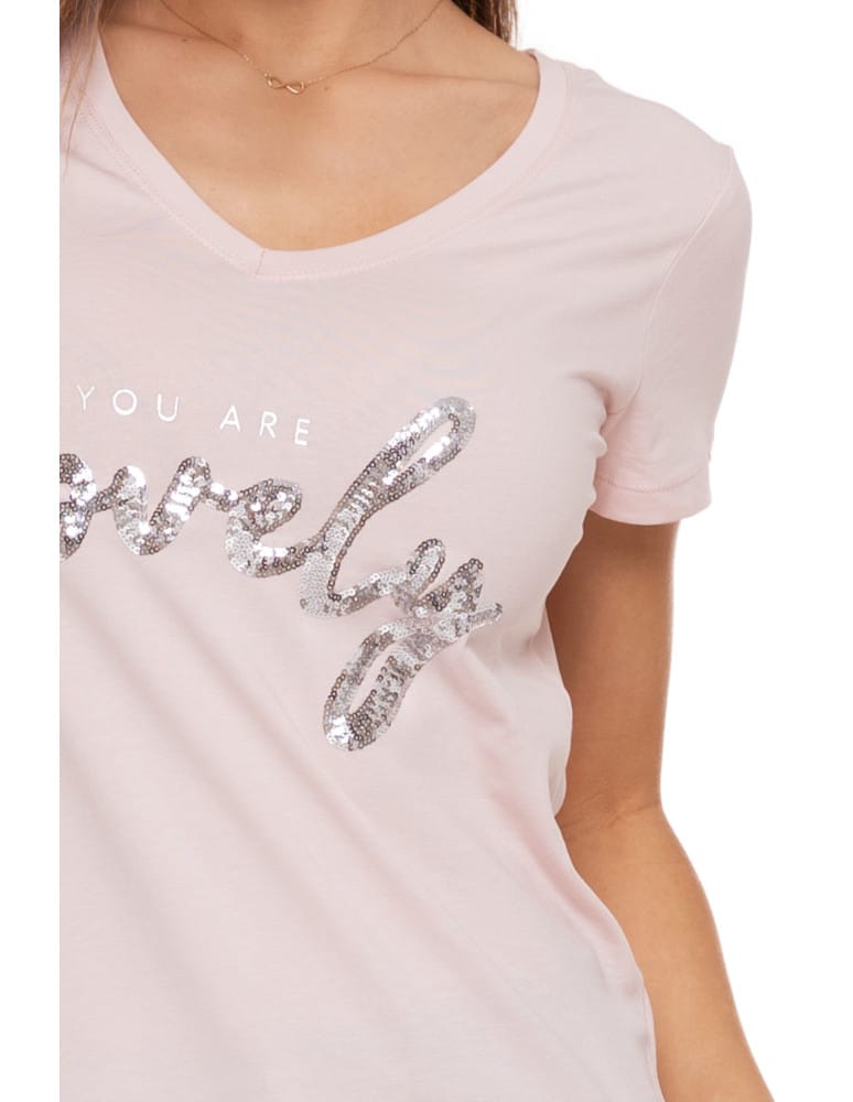 Koszulki i T-shirty - T-shirt damski z dekoltem w serek i cekinami R&Oacute;ŻOWY  - produkt moraj.pl 4