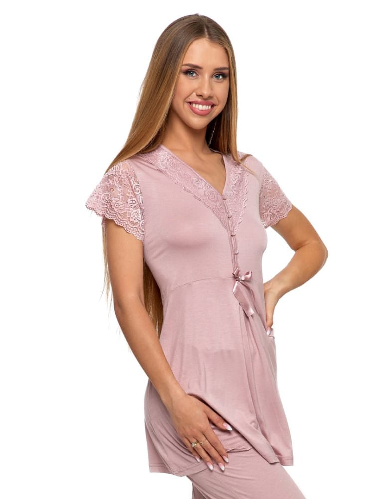 Krótki rękaw - Elegancka piżama damska wiskozowa z koronkowym rękawem POMARAŃCZOWY - produkt moraj.pl 3