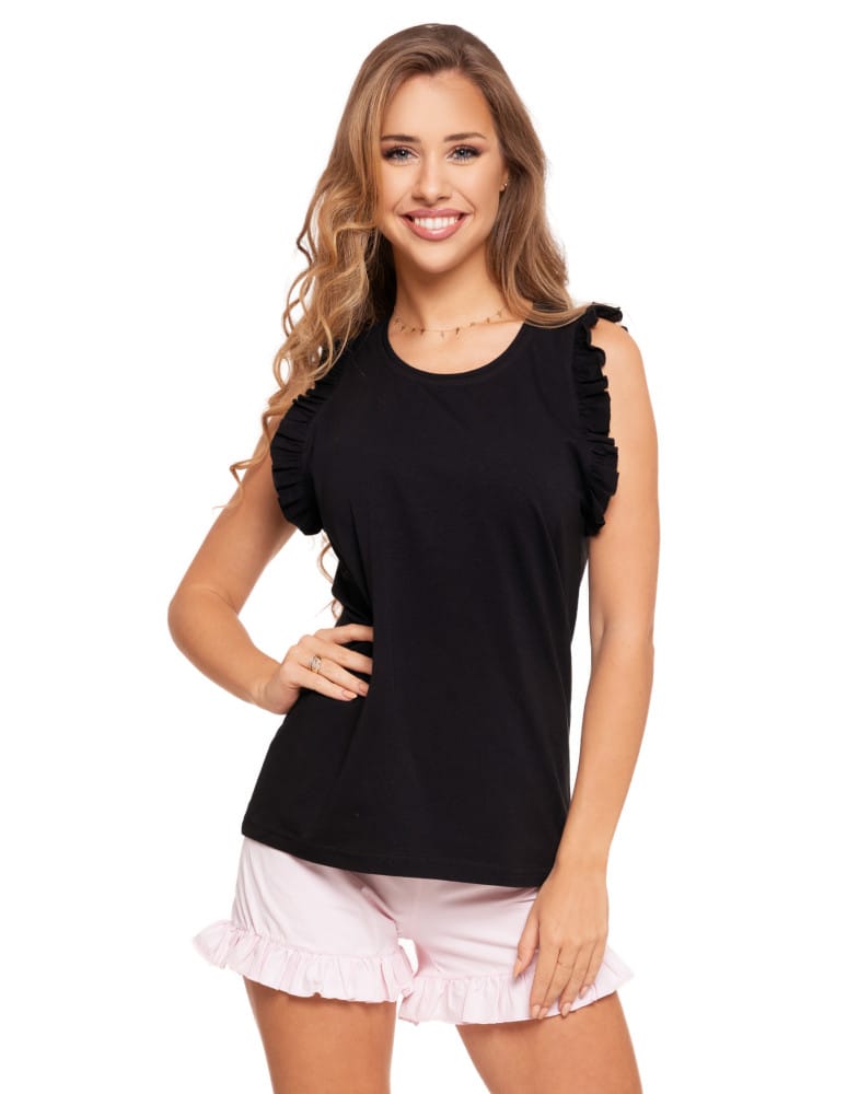 Na ramiączkach - Piżama damska bawełniana bez rękaw&oacute;w z falbankami Plus Size CZARNY - produkt moraj.pl 1