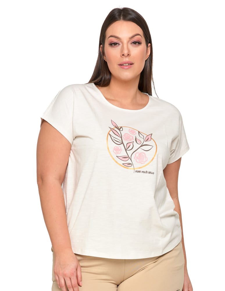 Koszulki i T-shirty - Koszulka damska T-shirt w kwiaty krótki rękaw KREMOWY - produkt moraj.pl 1