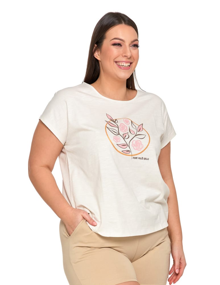 Koszulki i T-shirty - Koszulka damska T-shirt w kwiaty krótki rękaw KREMOWY - produkt moraj.pl 4