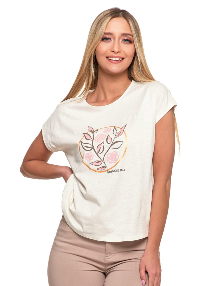 Koszulki i T-shirty - Koszulka damska T-shirt w kwiaty krótki rękaw KREMOWY - produkt moraj.pl 13