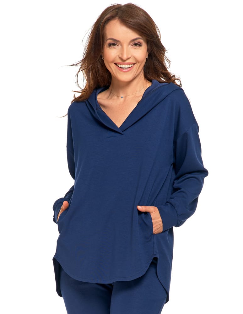 Bluzy damskie - Damska bluza oversize z kapturem i dekoltem w serek GRANATOWY - produkt moraj.pl 1