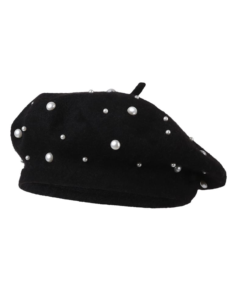 Czapki i opaski - Elegancki beret damski z dodatkiem wełny i perłami CZARNY - produkt moraj.pl 1