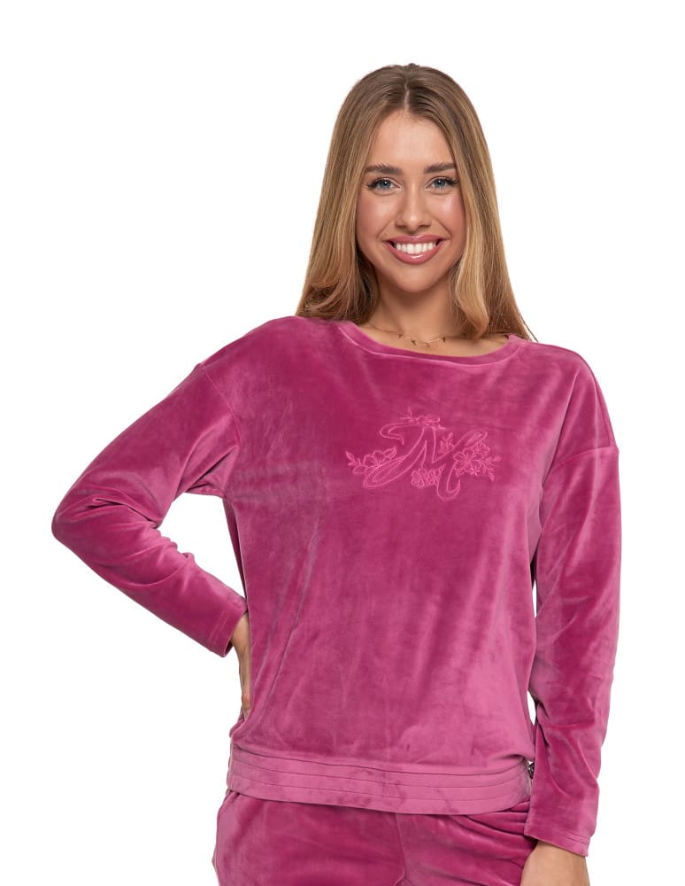 Bluzy damskie - Welurowa bluza damska z haftem bez kaptura RÓŻOWY - produkt moraj.pl 1