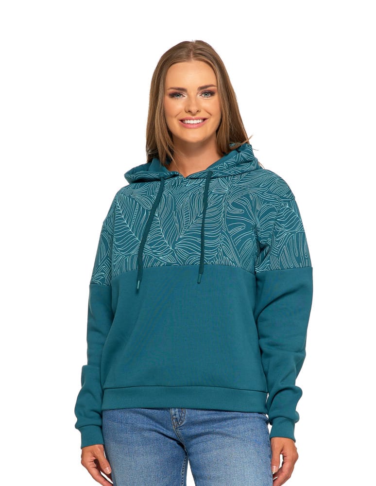 Bluzy damskie - Damska bluza z kapturem ocieplana z motywem graficznym ZIELONY - produkt moraj.pl 1