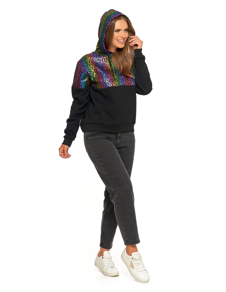Bluzy damskie - Damska bluza z kapturem ocieplana z motywem graficznym WIELOKOLOROWY  - produkt moraj.pl 9